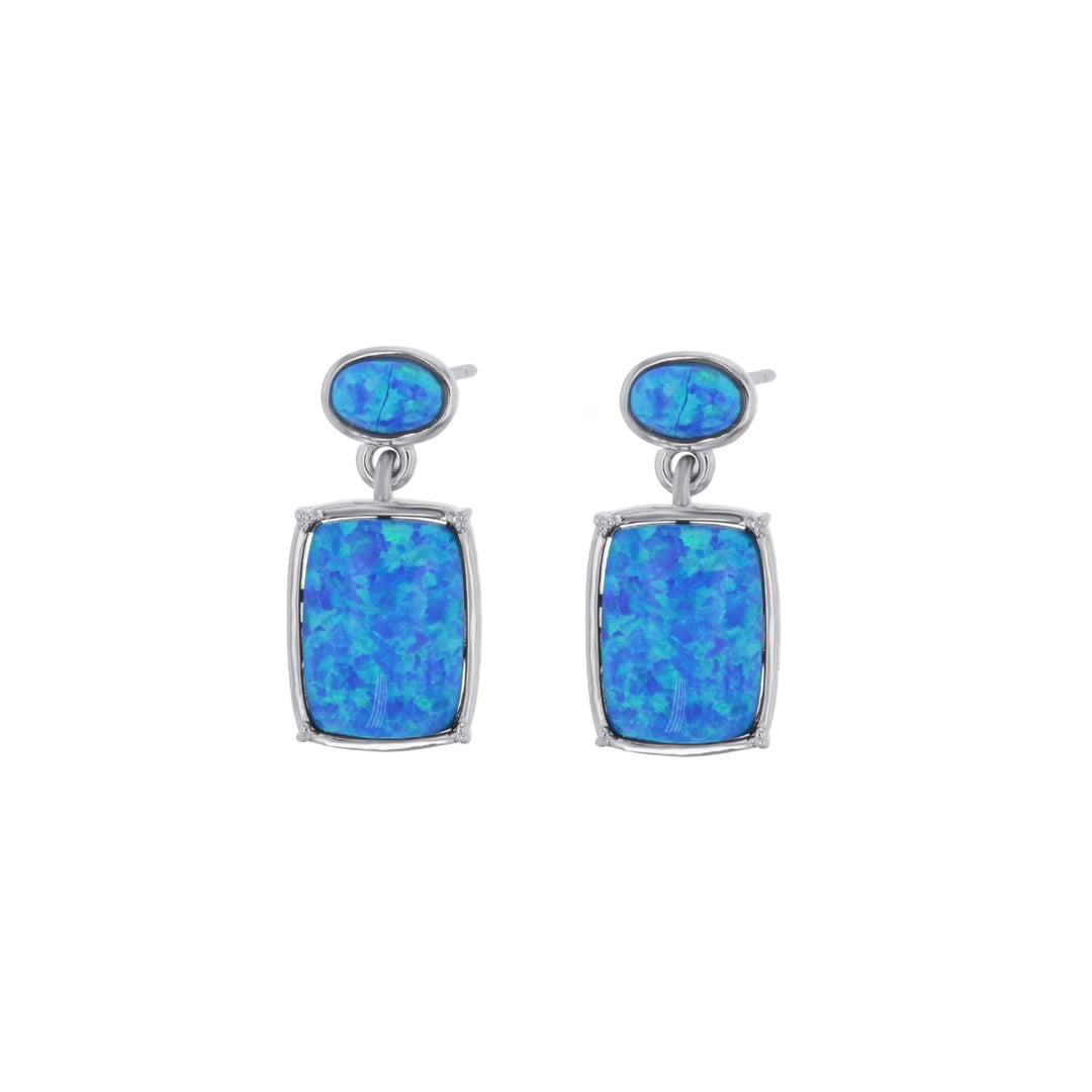 Sterling Silver Created Blue Opal Rectangle and Oval Drop Earrings Image 1