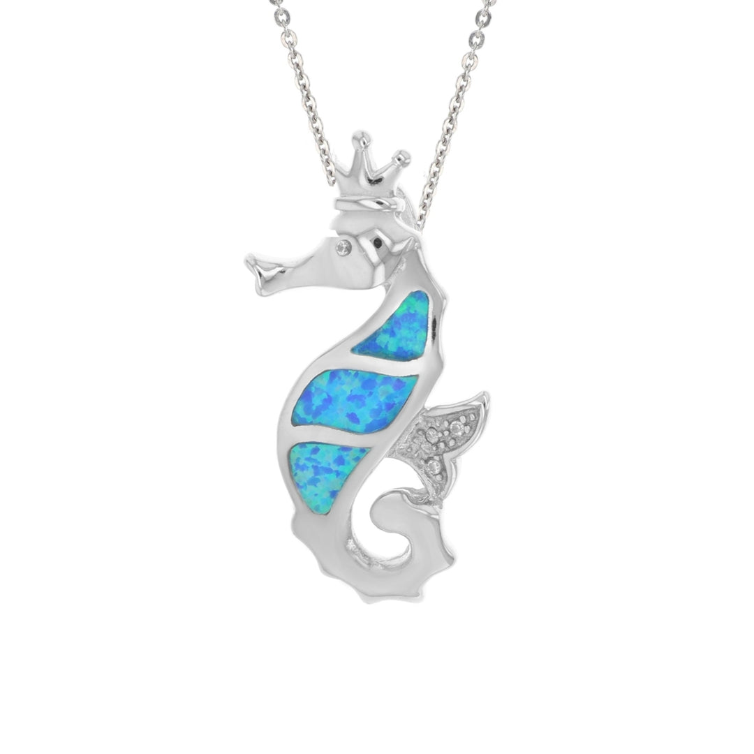 Sterling Silver Created Blue Opal Seahorse Pendant Necklace Image 1