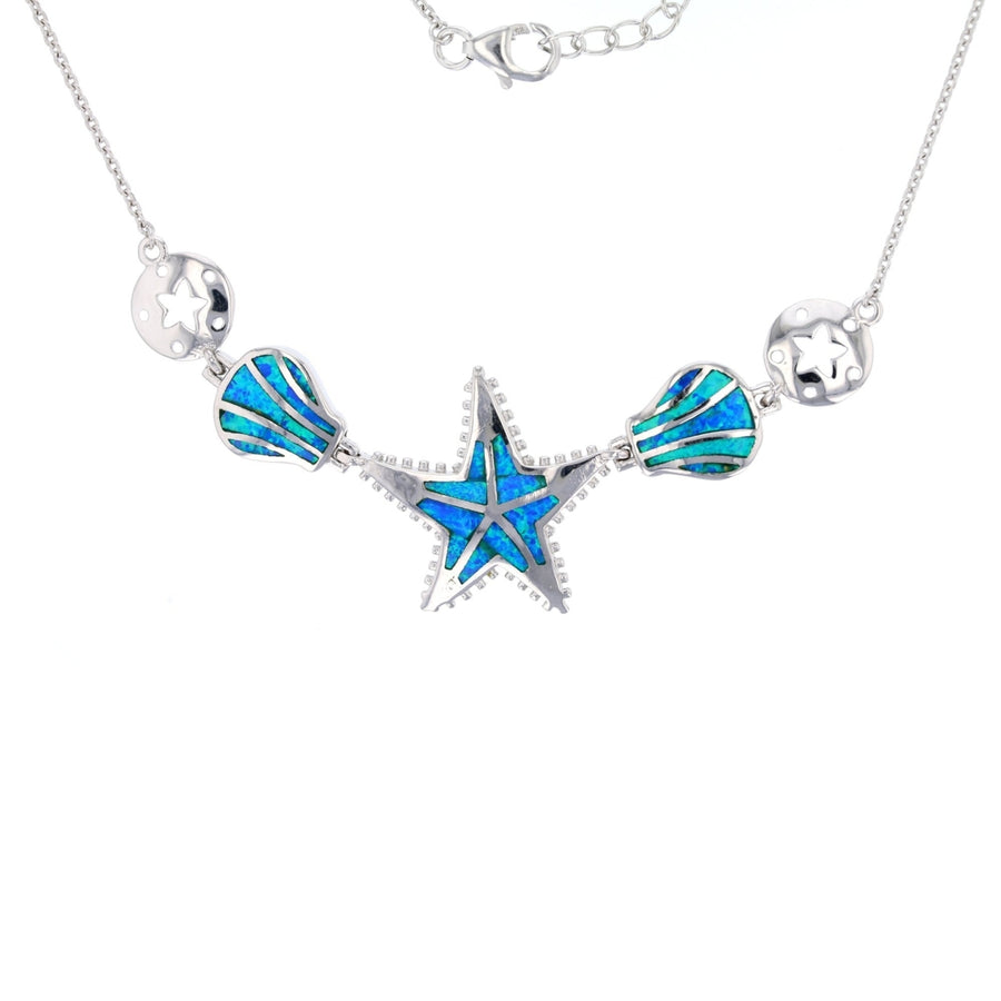 Sterling Silver Created Blue Opal Starfish and Seashell Necklace Image 1