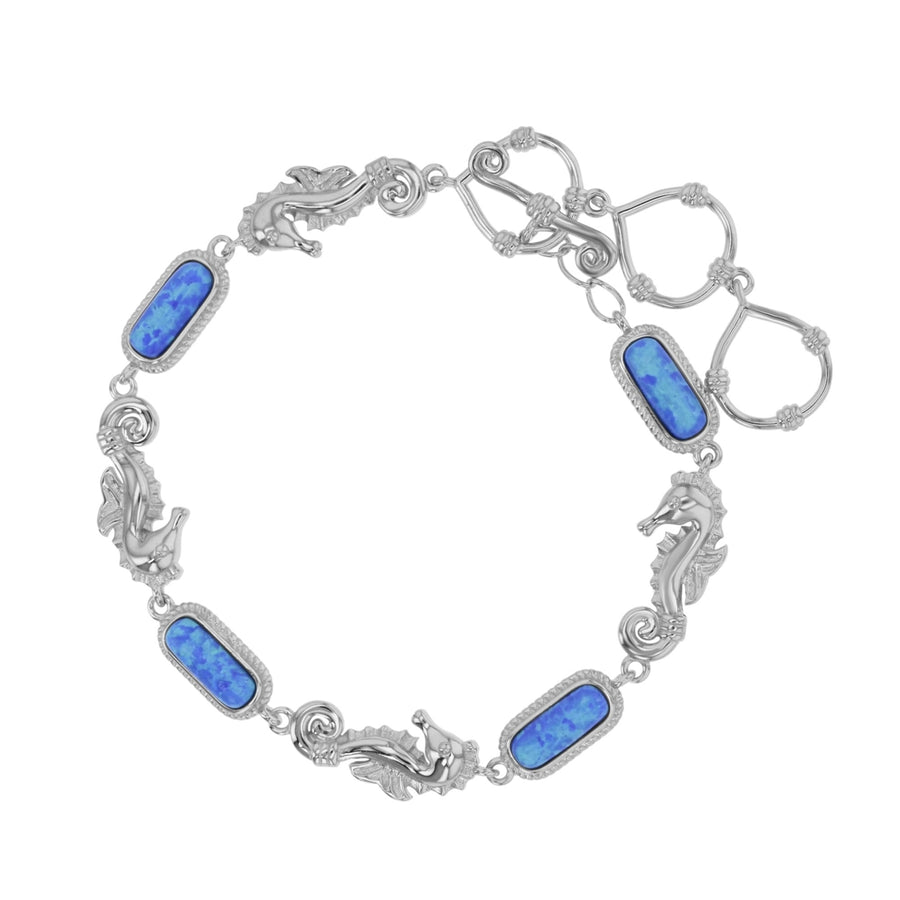 Sterling Silver Created Blue Opal Rectangle Charm and Seahorse Toggle Bracelet Image 1