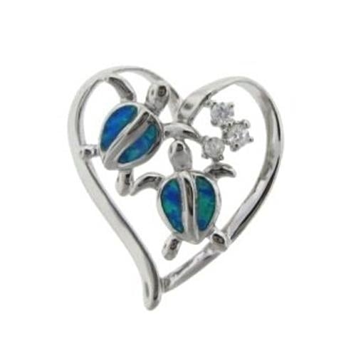 Sterling Silver Created Blue Opal Turtle Heart Pendant Necklace Image 1