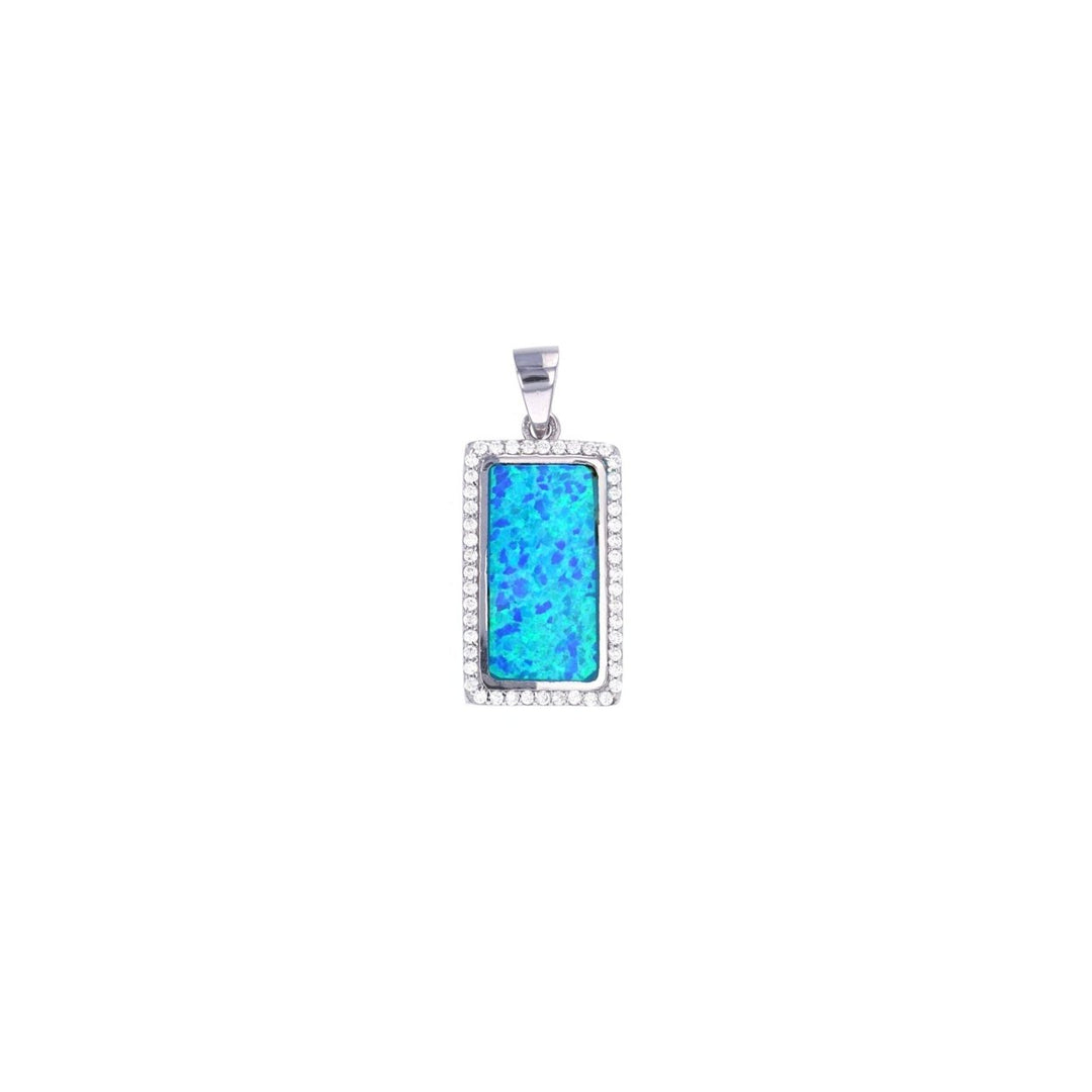 Sterling Silver Created Blue Opal Rectangle Halo CZ Pendant Necklace Image 1