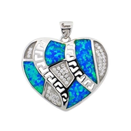 Sterling Silver Created Blue Opal With CZ and Greek Key Patern Pendant Necklace Image 1