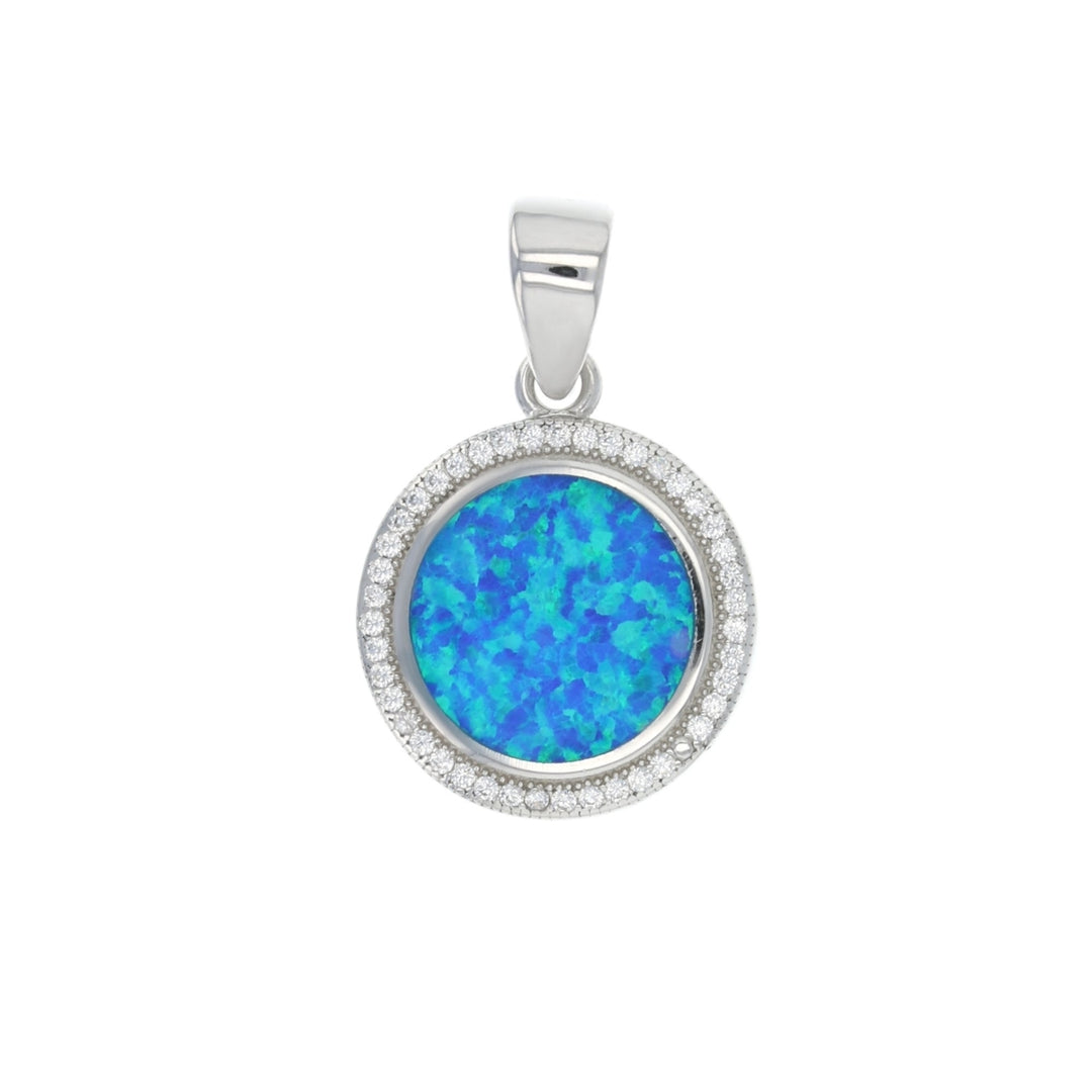 Sterling Silver Created Blue Opal Round Halo CZ Pendant Necklace Image 1