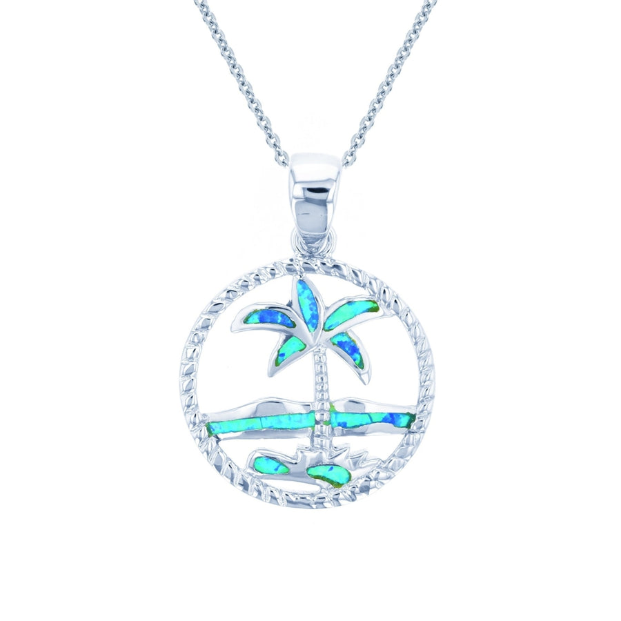 Sterling Silver Created Blue Opal Palm Tree In a Circle Pendant Necklace Image 1