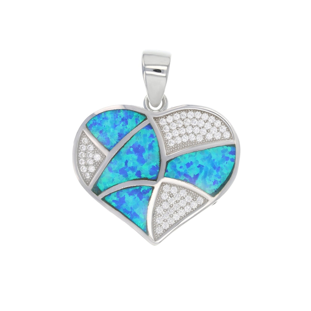 Sterling Silver Created Blue Opal With Micropave CZ Heart Pendant Necklace Image 1