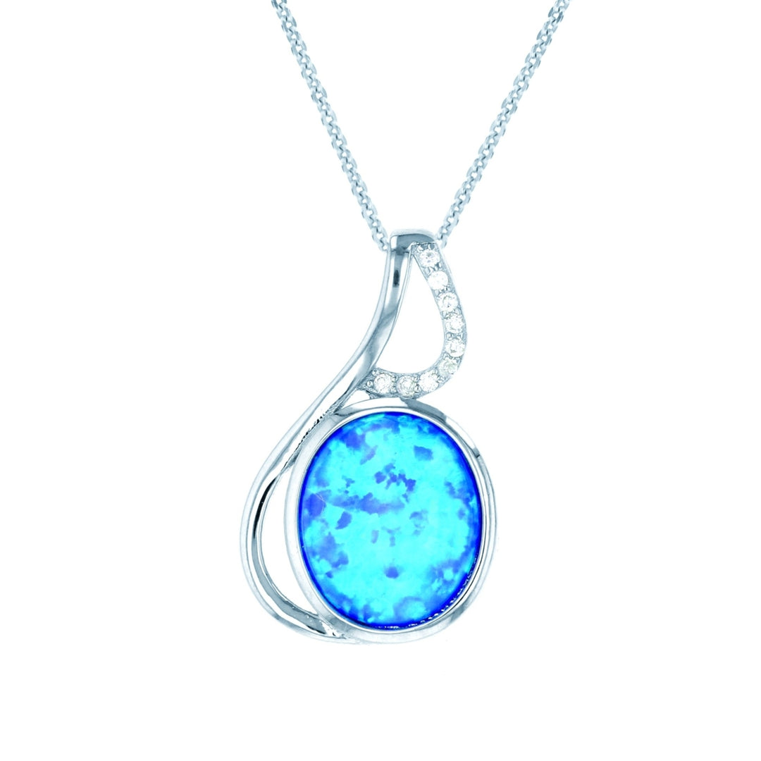 Sterling Silver Created Blue Opal Swirl CZ Pendant Necklace Image 1