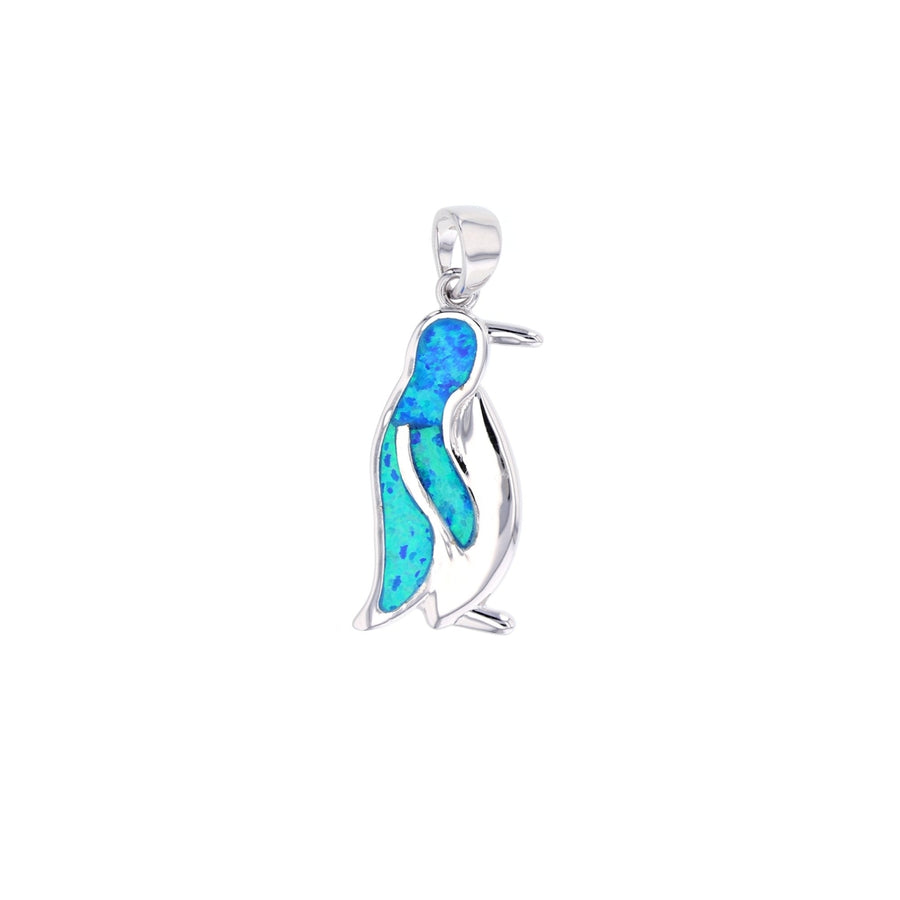 Sterling Silver Created Blue Opal Penguin Pendant Necklace. Image 1