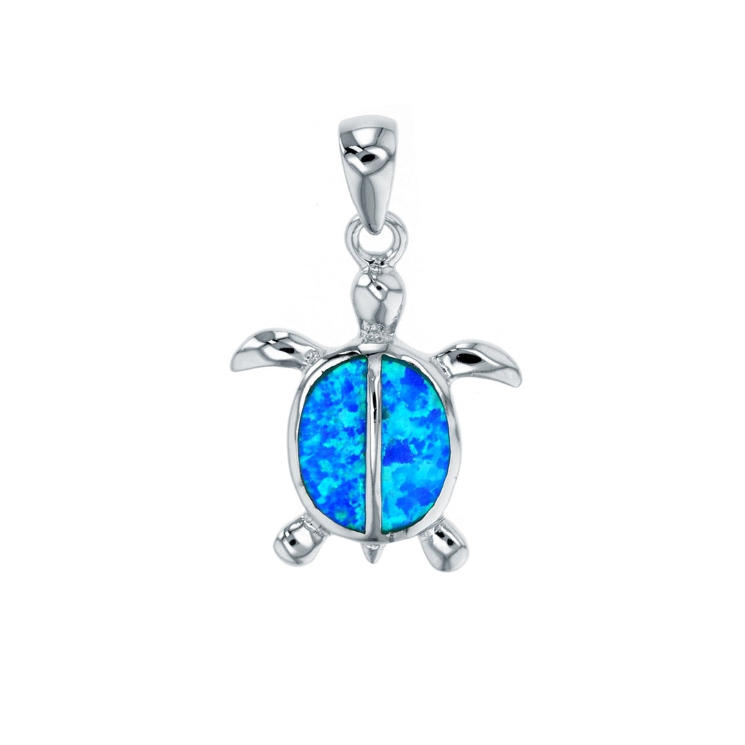 Sterling Silver Created Blue Opal Turtle Pendant Necklace Image 1