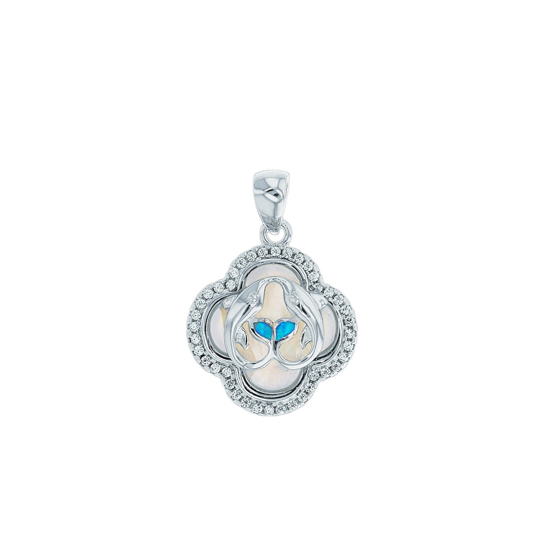 Sterling Silver Created Blue Opal Two Dolphins on Clover Shape MOP Halo CZ Pendant Necklace Image 1