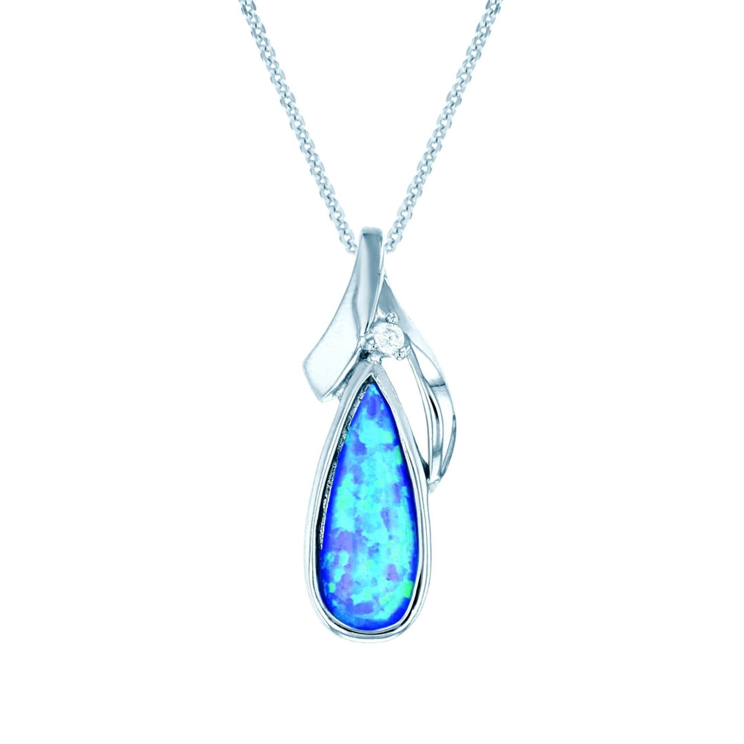 Sterling Silver Created Blue Opal Teardrop CZ Pendant Necklace Image 1