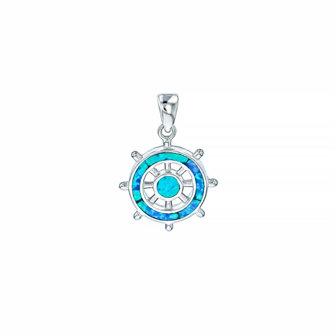 Sterling Silver Created Blue Opal Ship Wheel Pendant Necklace Image 1