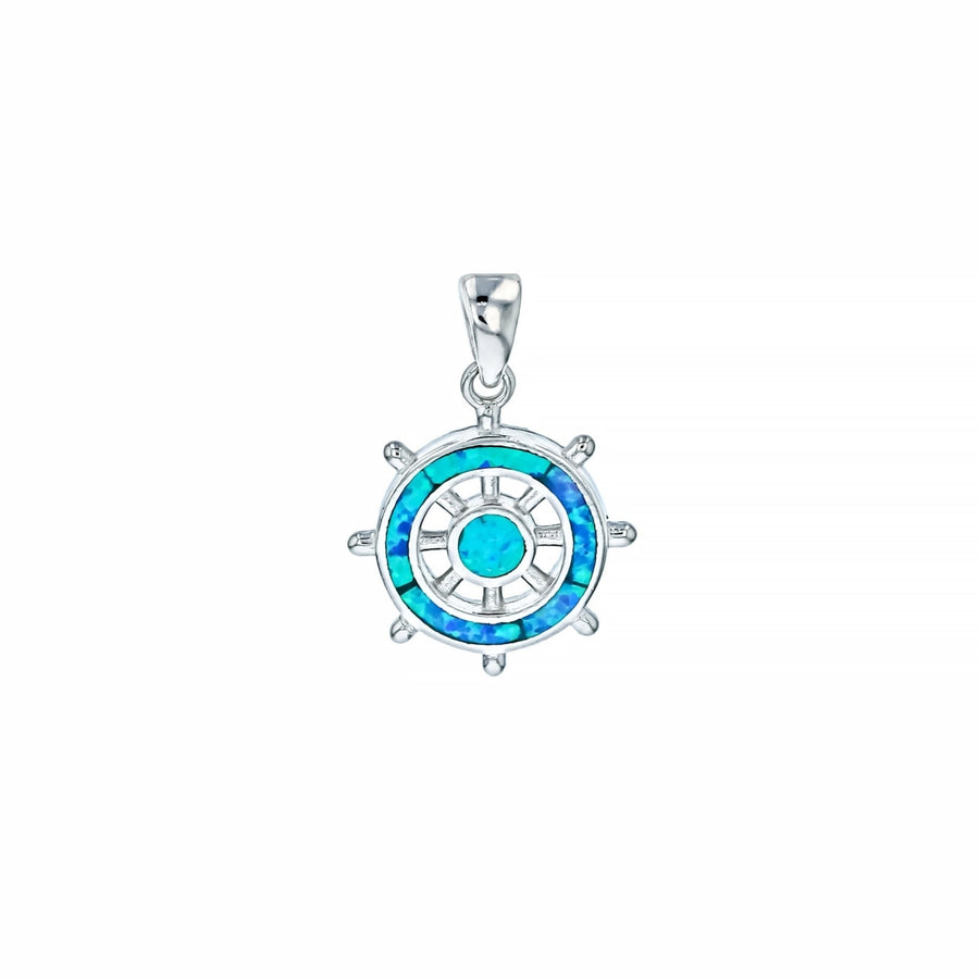 Sterling Silver Created Blue Opal Ship Wheel Pendant Necklace Image 1