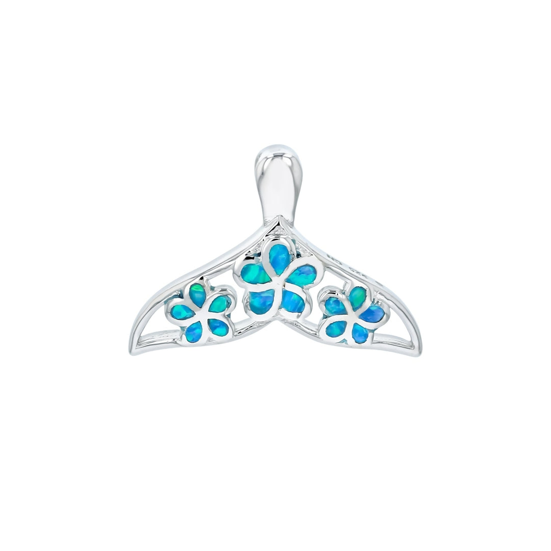 Sterling Silver Created Blue Opal Plumeria Flowers Whale Tail Pendant Necklace Image 1