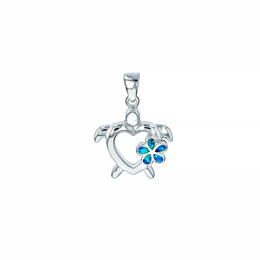 Sterling Silver Created Blue Opal Plumeria Flower Turtle Pendant Necklace Image 1