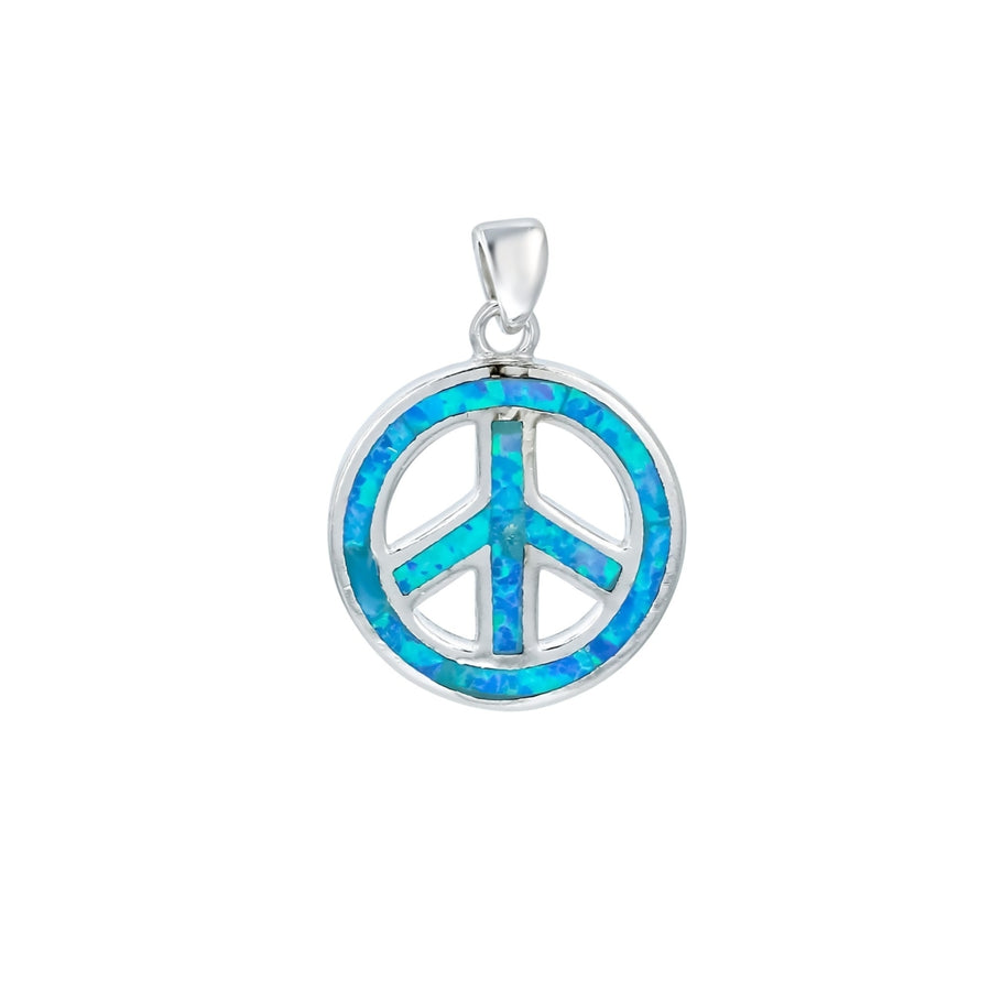 Sterling Silver Created Blue Opal Peace Symbol Pendant Necklace Image 1