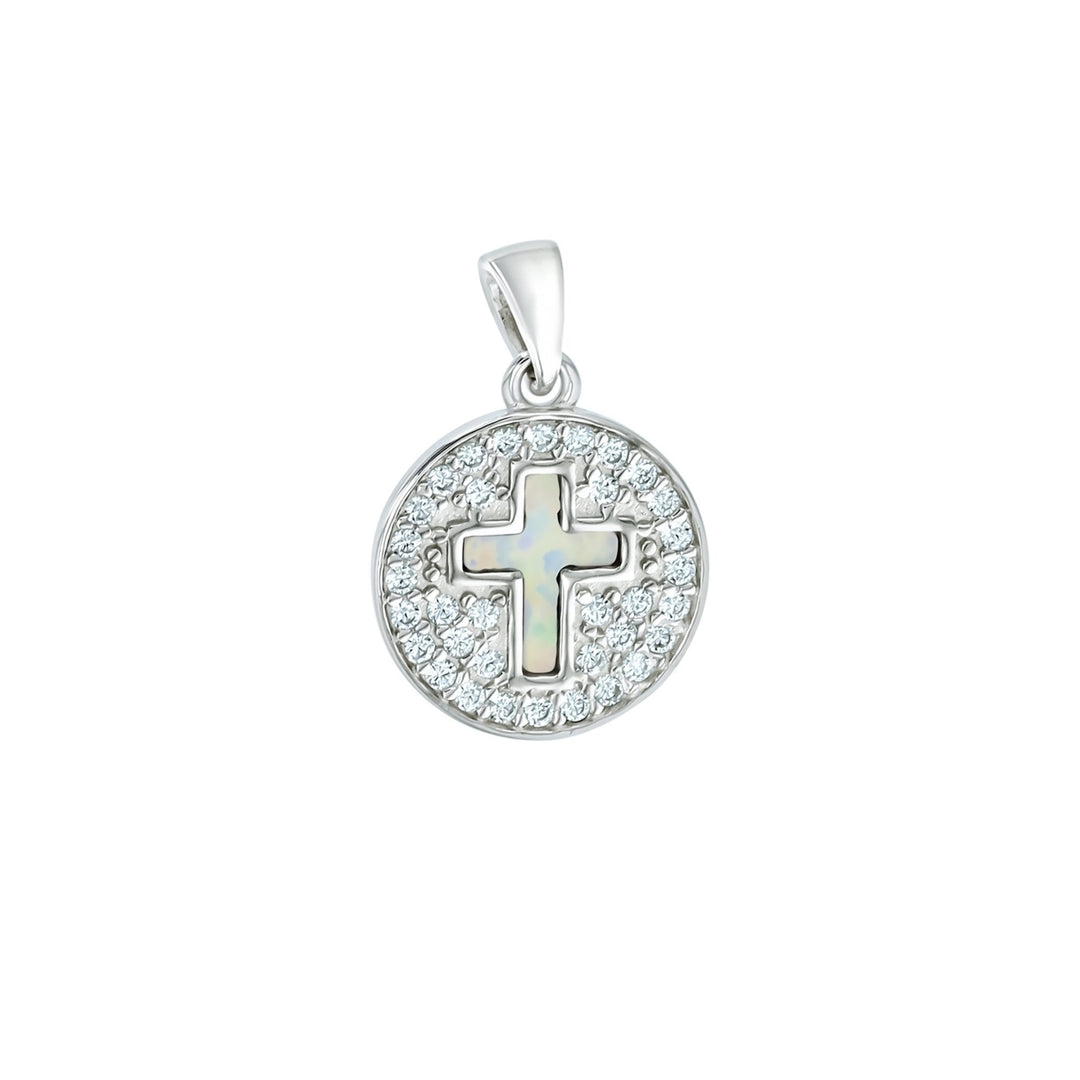 Sterling Silver Created White Opal Cross on Pave CZ Circle Pendant Image 1