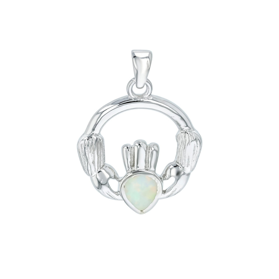 Sterling Silver Created White Opal Claddagh Pendant Image 1