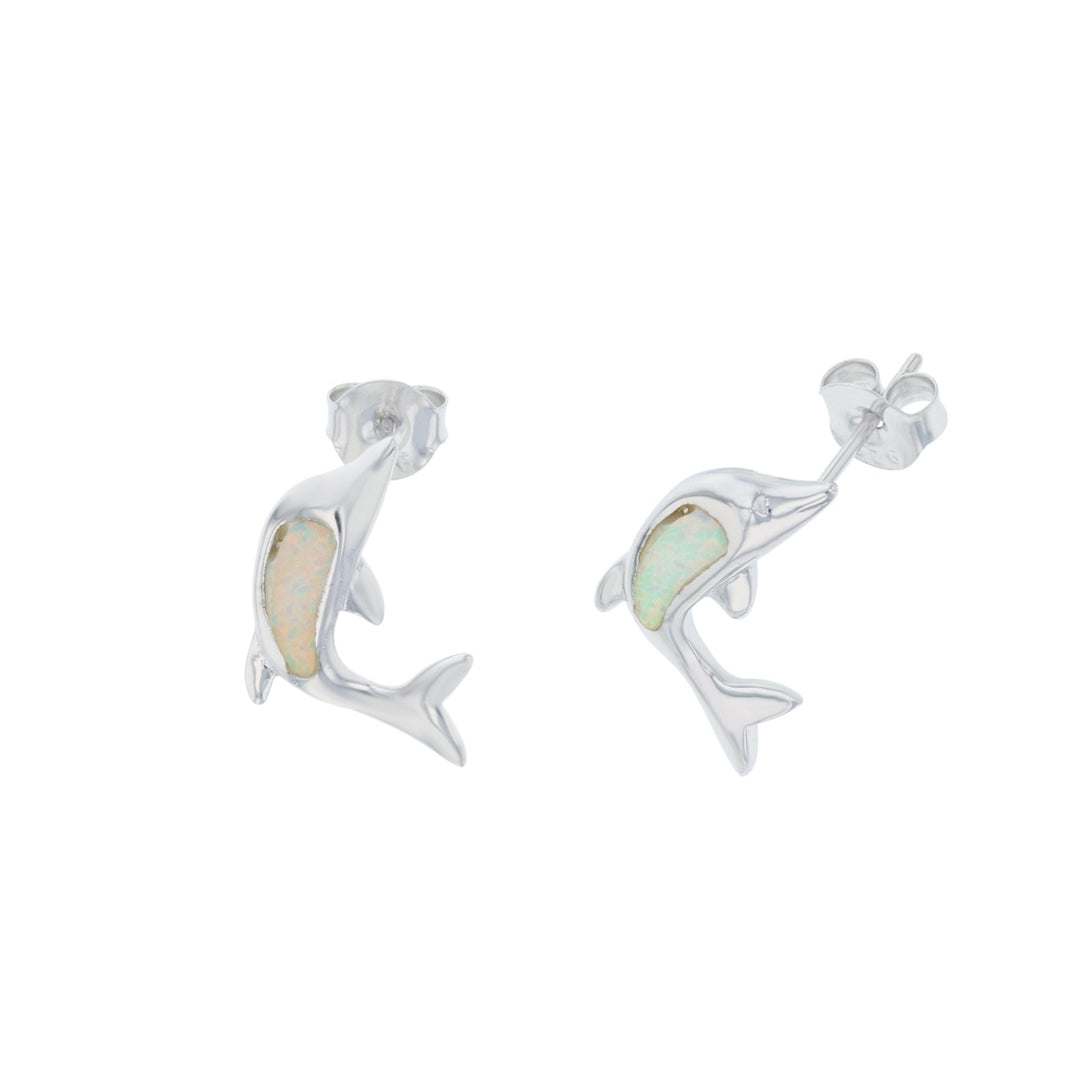 Sterling Silver Created White Opal Dolphin Earrings Image 1