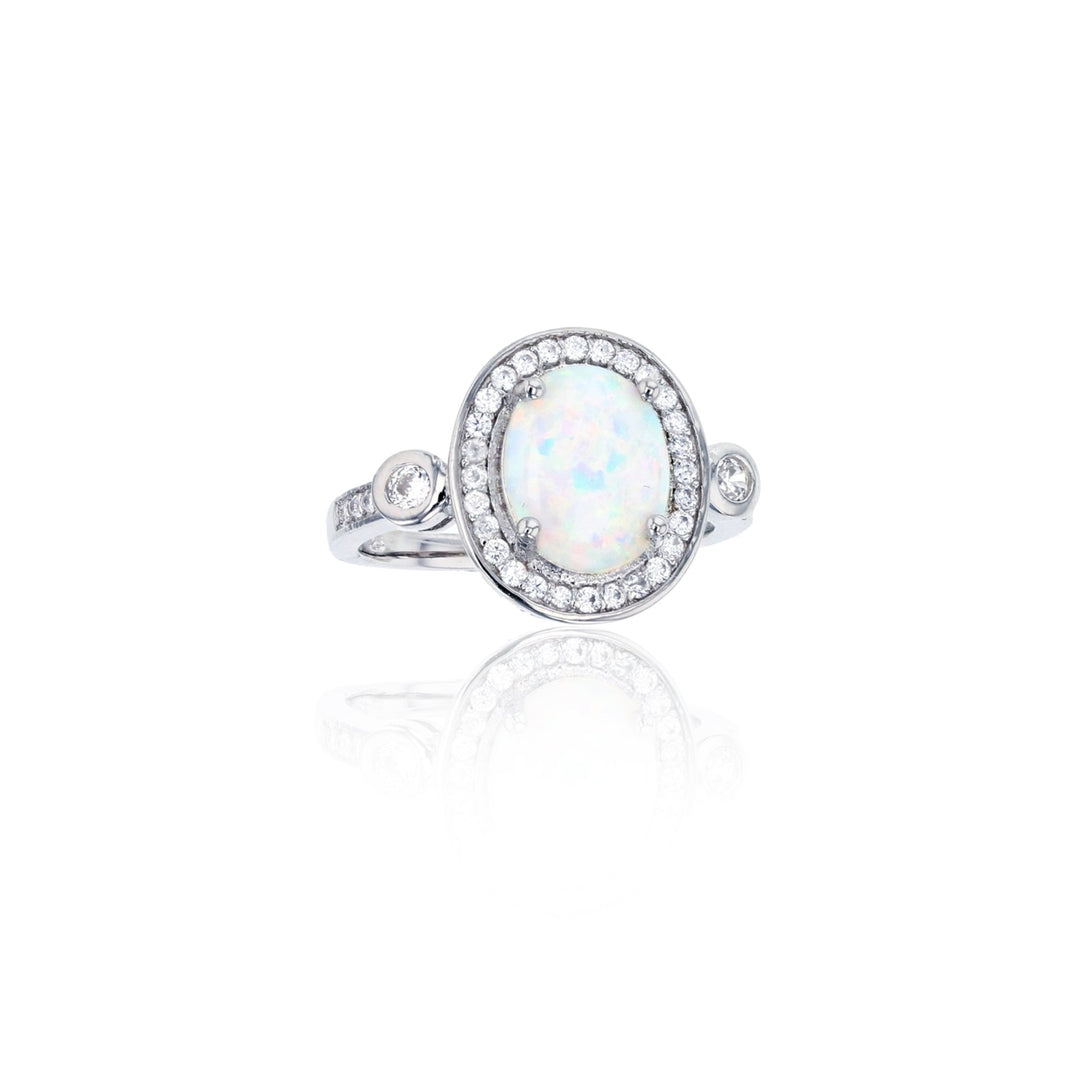 Sterling Silver Oval Created White Opal CZ Halo Ring Image 1