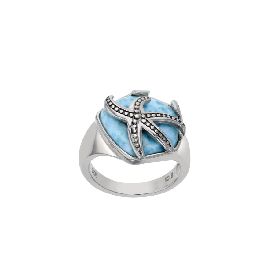 Sterling Silver Natural Larimar with Starfish Overlay Ring Image 1