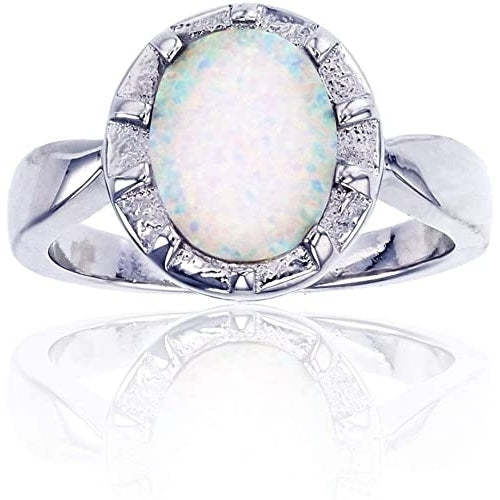 Sterling Silver Oval Created White Opal Ring Image 1