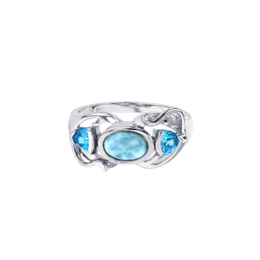 Sterling Silver Oval Natural Larimar with Aquamarina CZ Ring Image 1