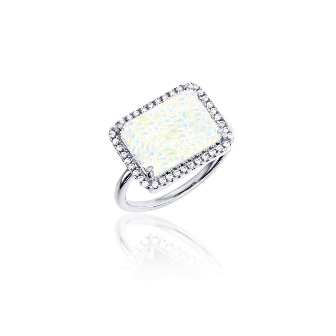 Sterling Silver Rectangle Created White Opal CZ Halo Ring Image 1