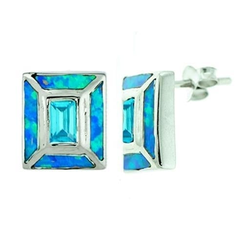 Sterling Silver CZ Topaz with Created Blue Opal  Square Post Earrings Image 1