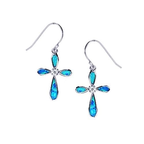 Sterling Silver Cross Dangle Earringss with Created Blue Opal and CZ Image 1