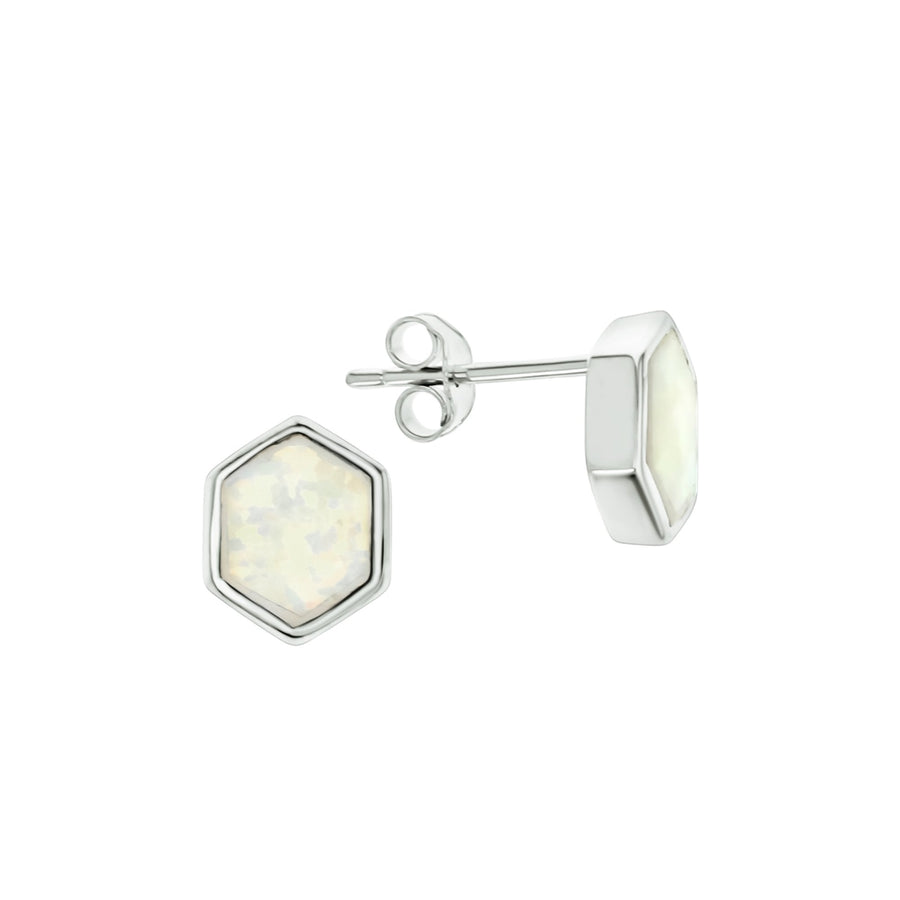 Sterling Silver Created White Opal Hexagon Stud Earrings Image 1