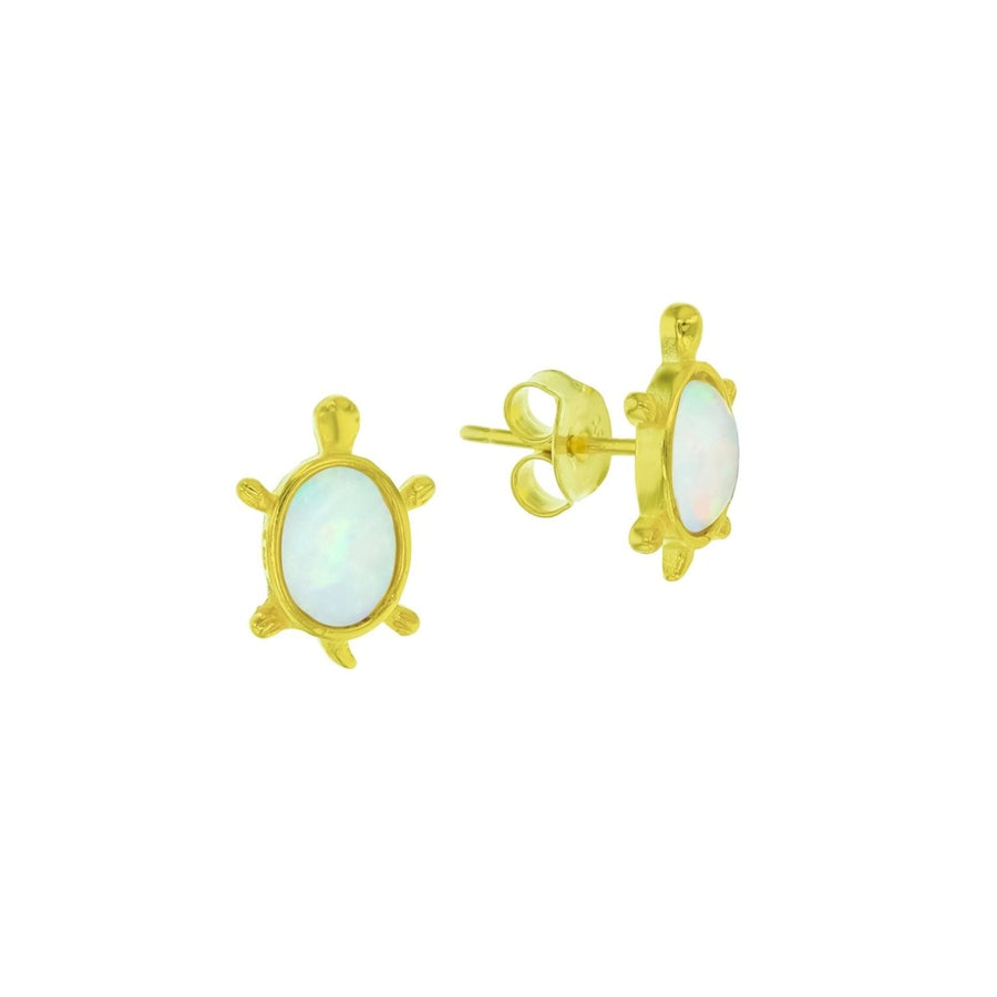 Sterling Silver Gold Plated Created White Opal Turtle Earrings Image 1