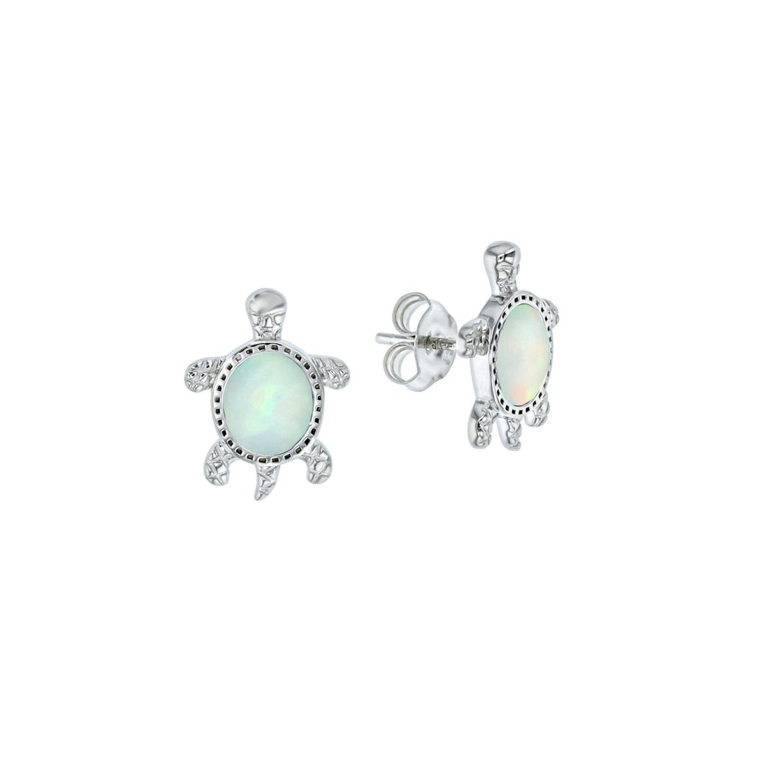 Sterling Silver Created White Opal Turtle Earrings Image 1