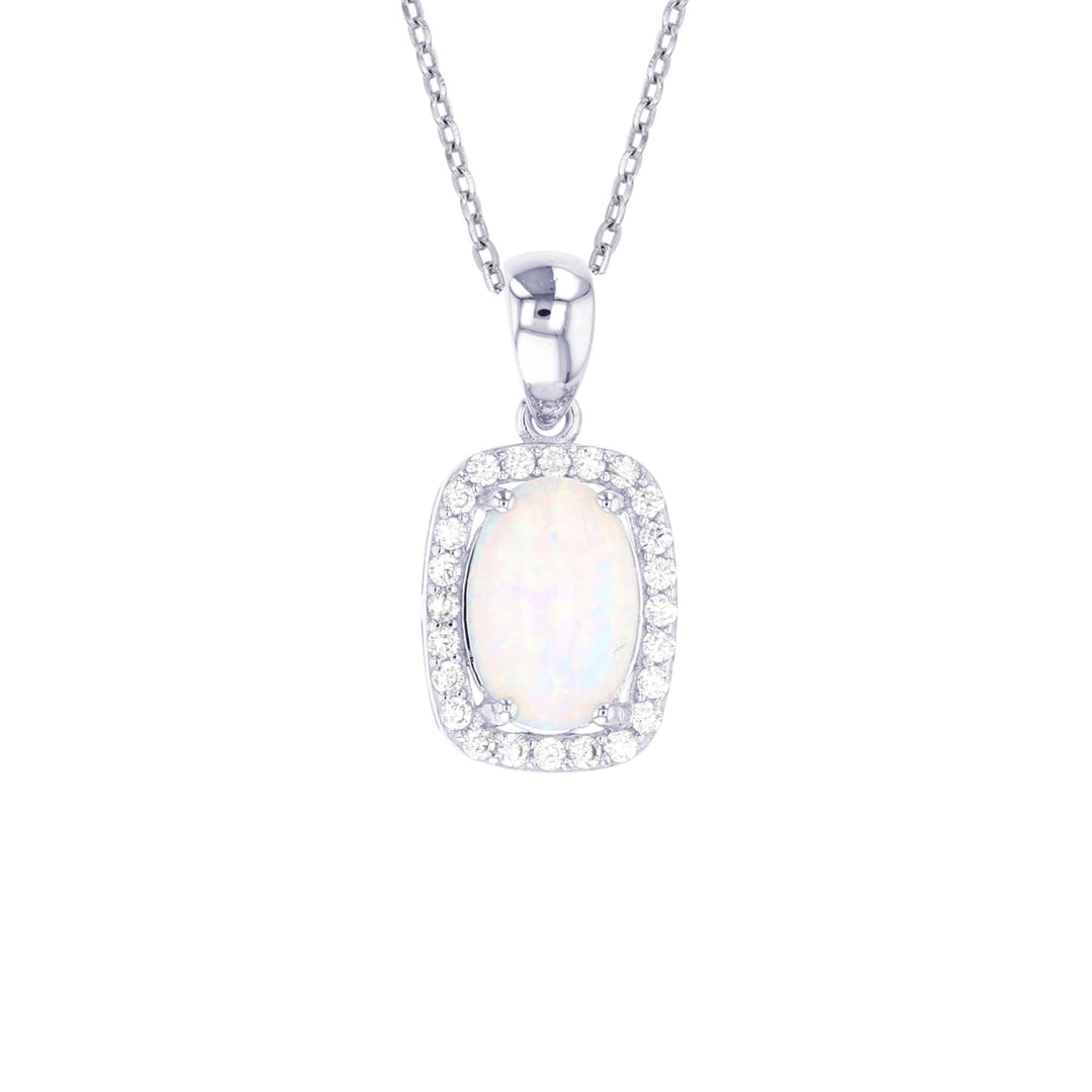 Sterling Silver Created White Opal Rectangle  CZ Halo Pendant Image 1