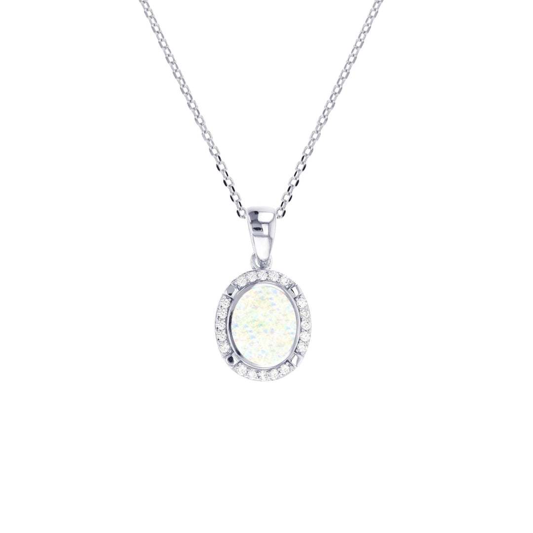 Sterling Silver Created White Opal Oval CZ Halo Pendant Image 1