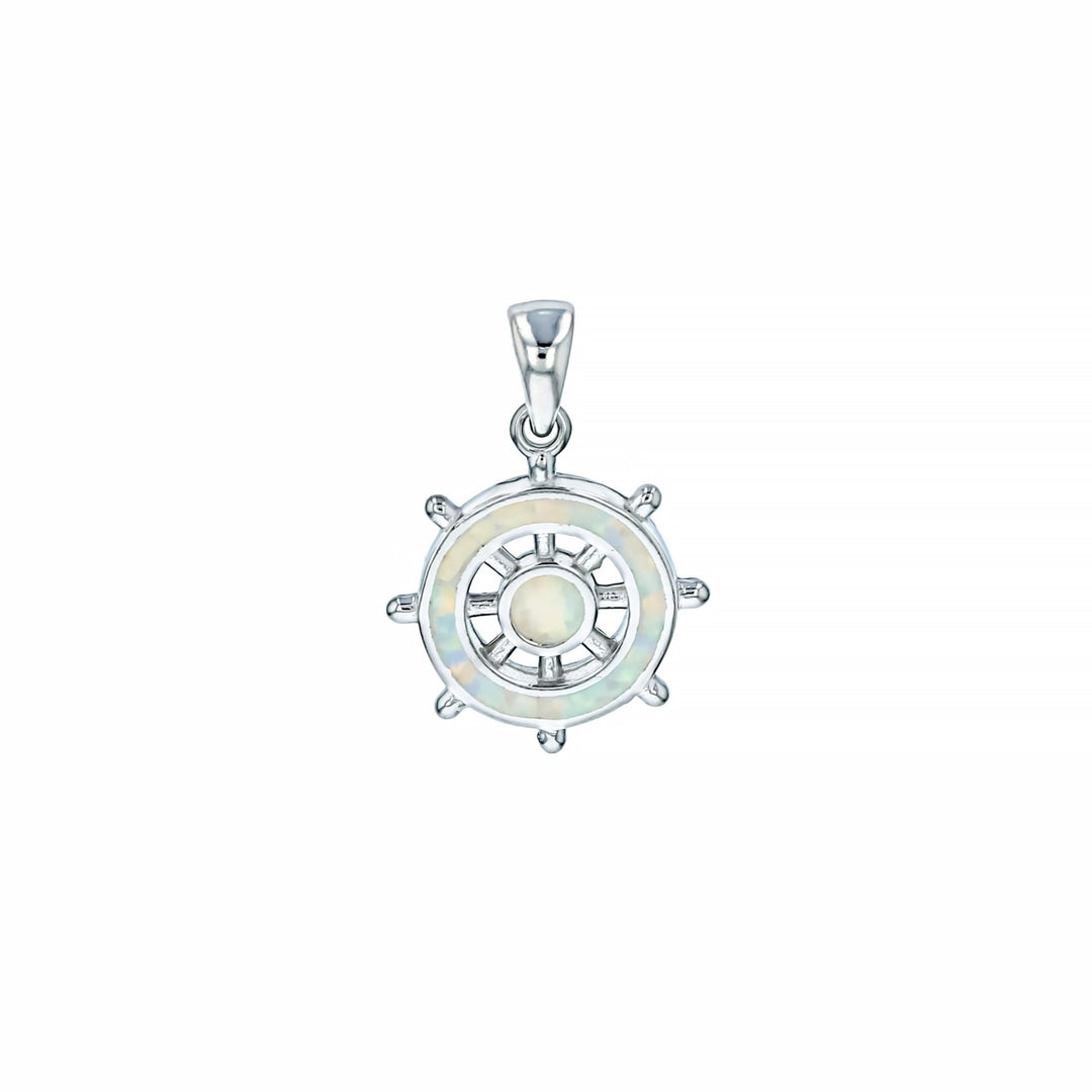 Sterling Silver Created White Opal Ship Wheel Pendant Image 1