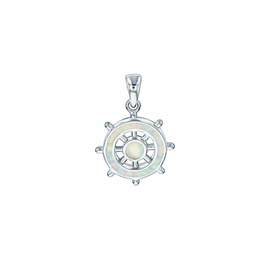 Sterling Silver Created White Opal Ship Wheel Pendant Image 1