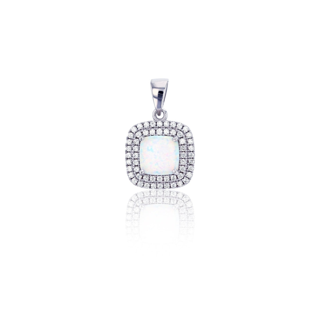 Sterling Silver Created White Opal Square Double Halo Pendant Image 1