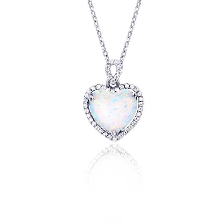 Sterling Silver Created White Opal Heart CZ Halo Pendant Image 1