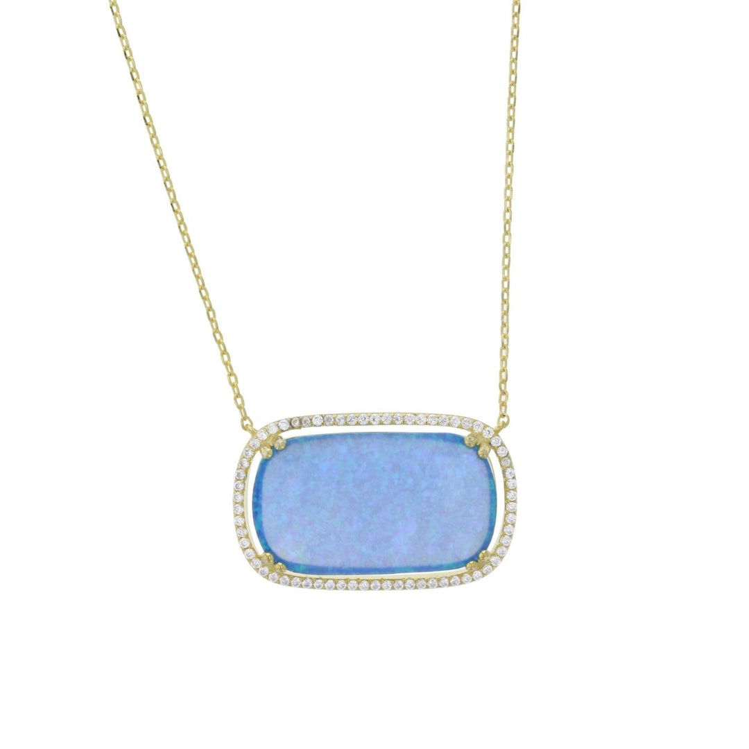 Sterling Silver Gold Plated Created Blue Opal Rectangle Halo CZ Necklace Image 1