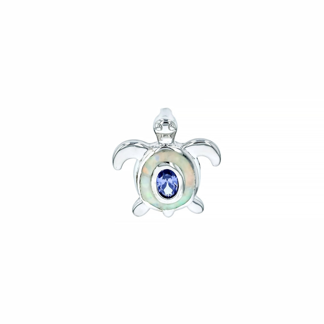 Sterling Silver Created White Opal Turtle with Oval Tanzanite CZ Pendant Image 1