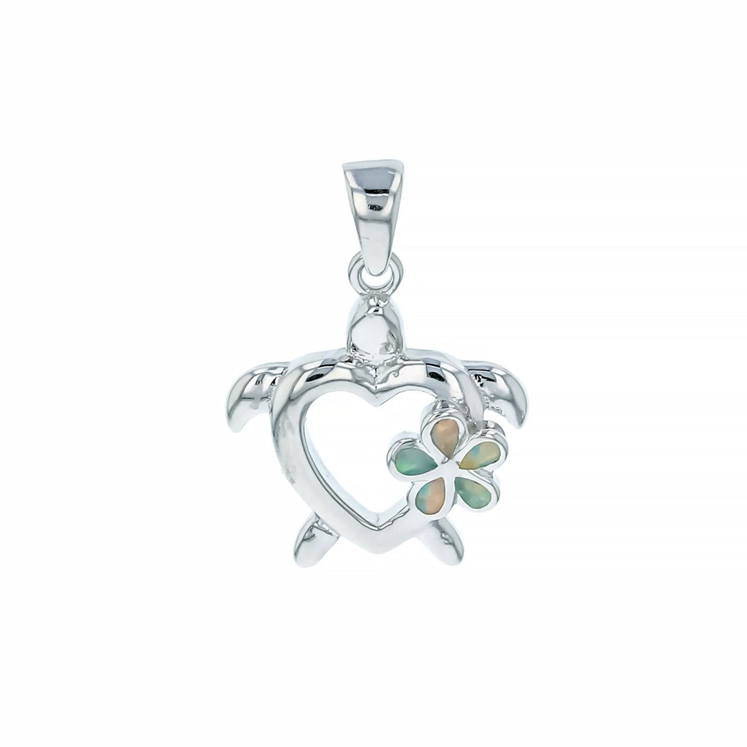 Sterling Silver Created White Opal Turtle with Plumeria  Flower Pendant Image 1