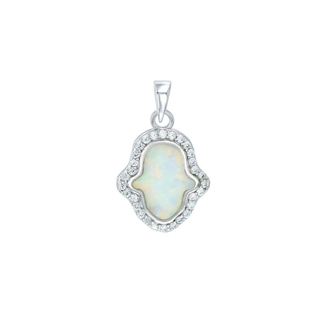 Sterling Silver Created White Opal Hamsa Hand CZ Halo Pendant Image 1