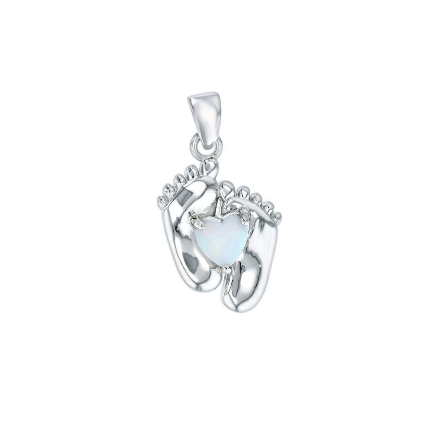 Sterling Silver Created White Opal Heart on Plain Feet Pendant Image 1