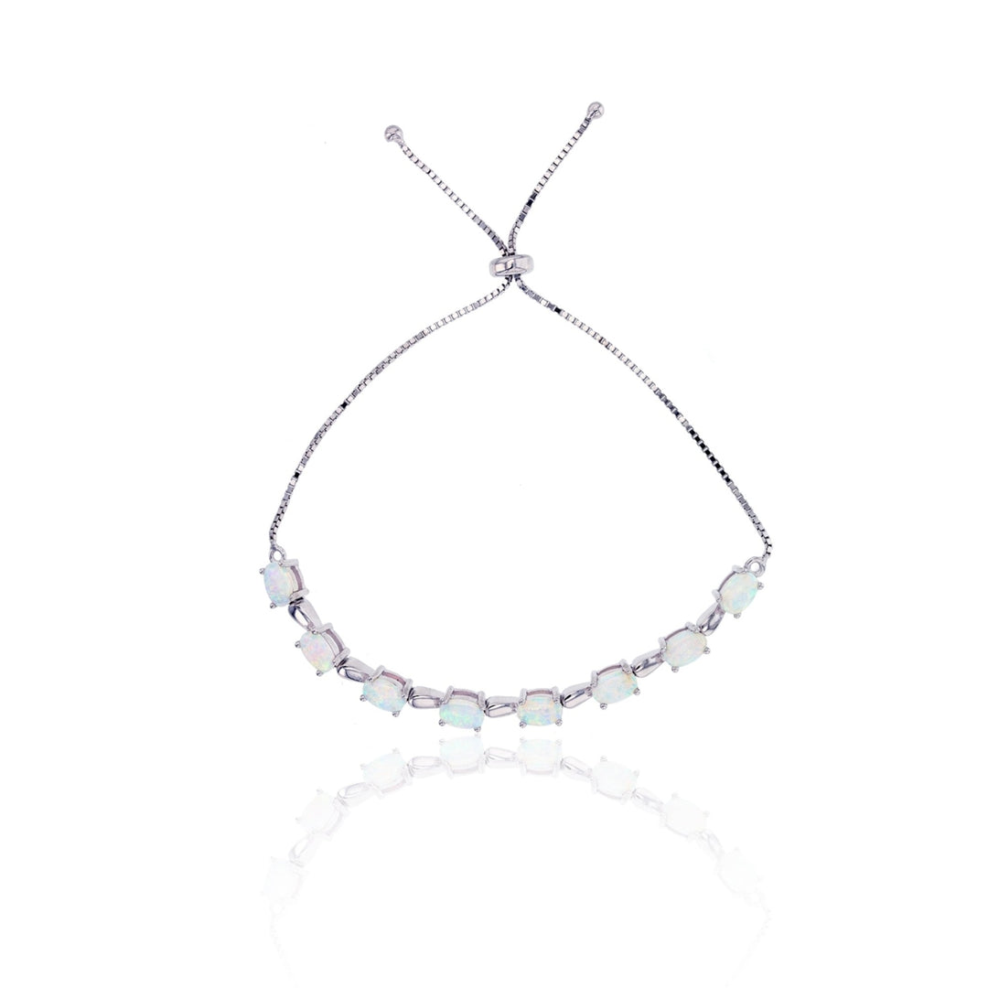 Sterling Silver Created White Opal Oval Link Adjustable Bracelet Image 1