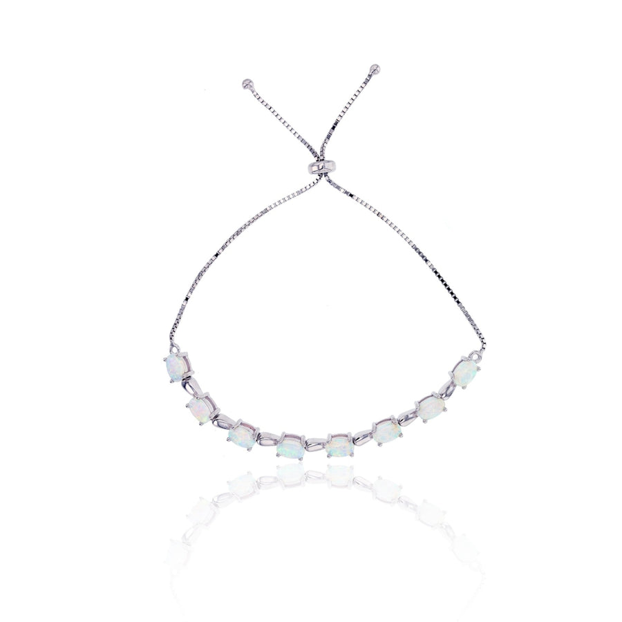 Sterling Silver Created White Opal Oval Link Adjustable Bracelet Image 1