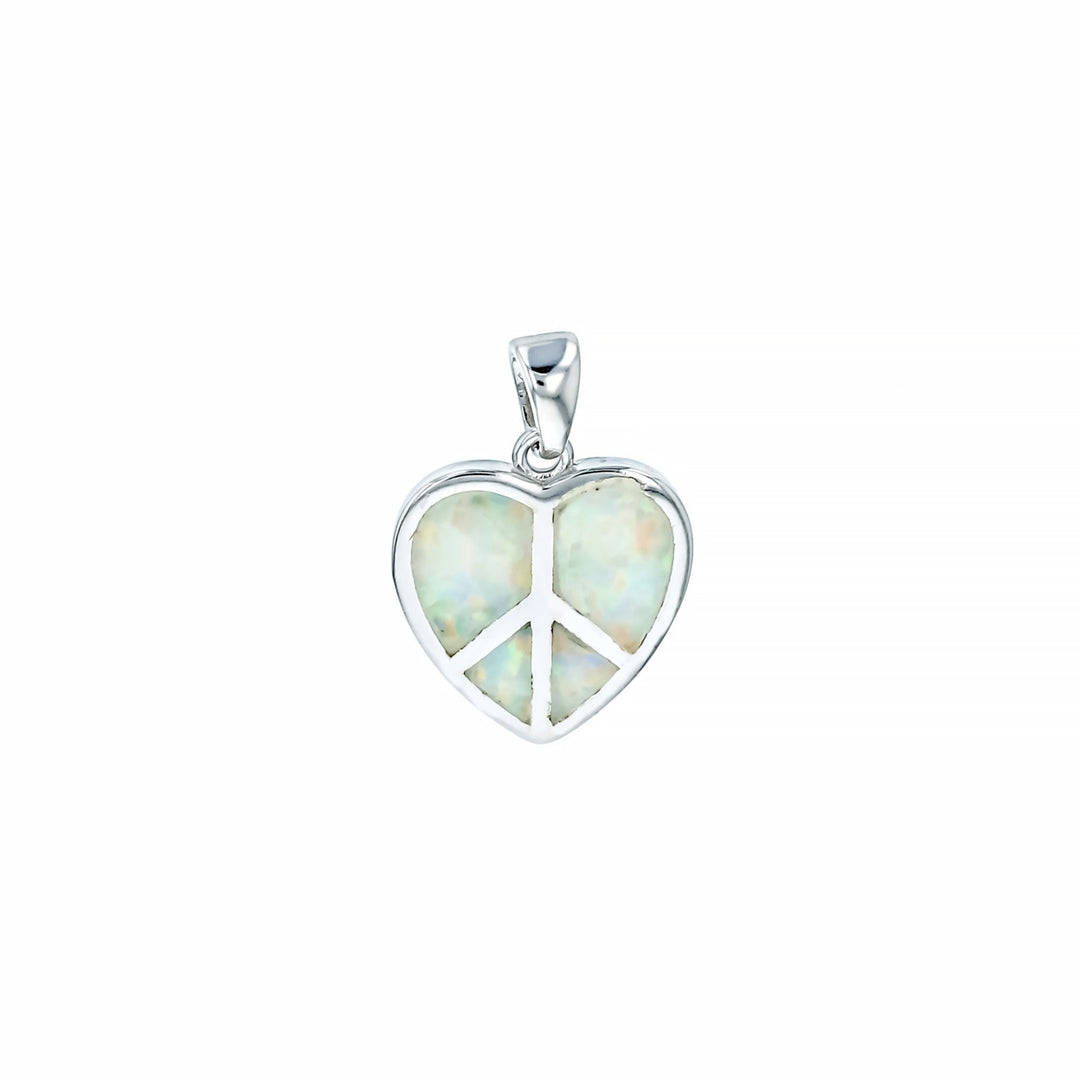 Sterling Silver Created White Opal Heart Shape Peace Symbol Pendant Image 1