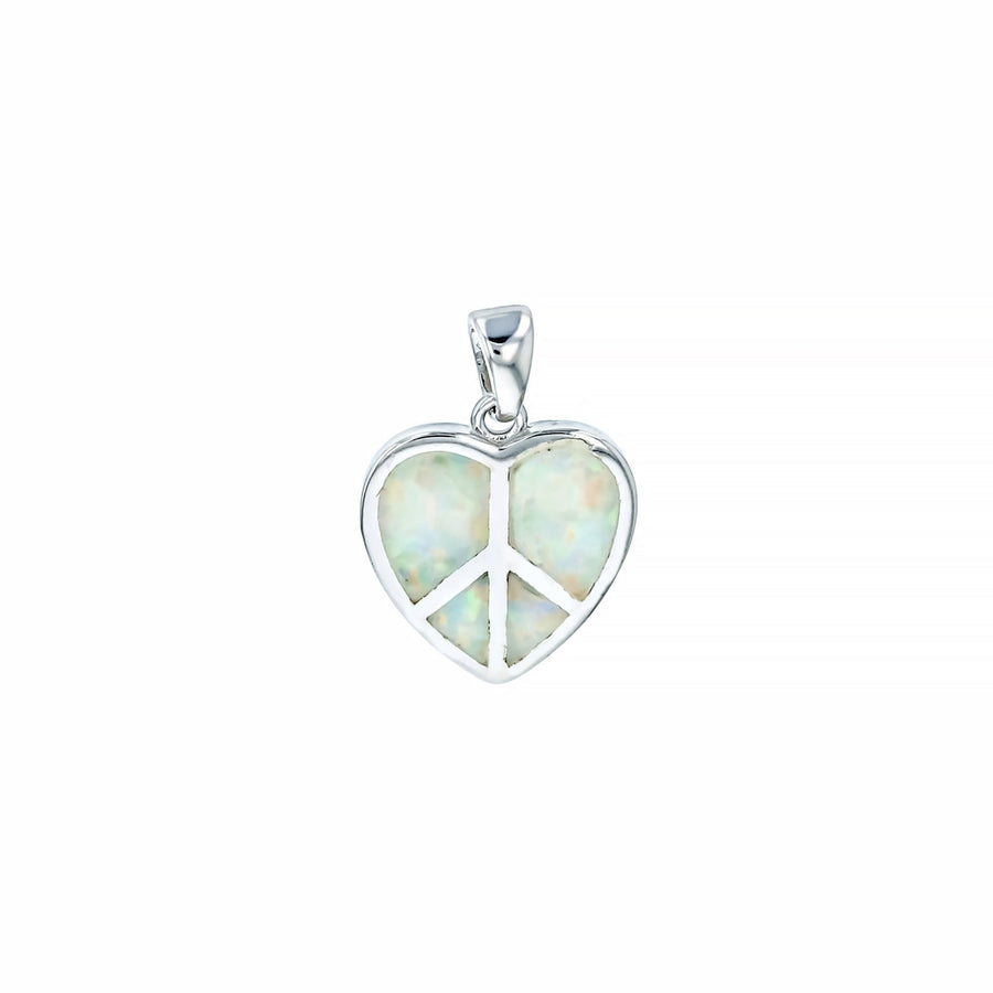 Sterling Silver Created White Opal Heart Shape Peace Symbol Pendant Image 1