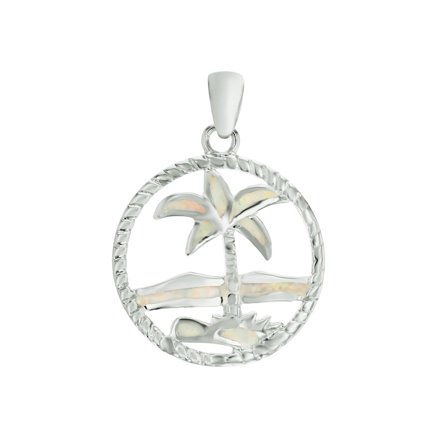 Sterling Silver Created White Opal Palm Tree Ocean in Open Circle Pendant Image 1