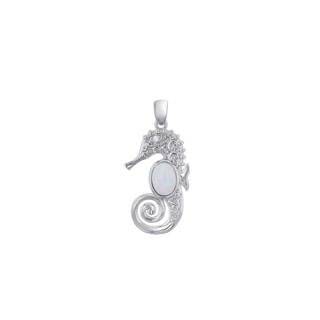 Sterling Silver Created White Opal Seahorse CZ Pendant Image 1